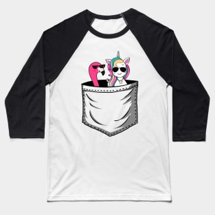 Unicorn And Flamingo In Pocket Funny Baseball T-Shirt